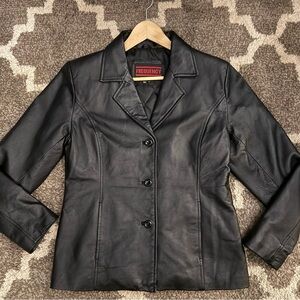 Vintage FREQUENCY Women’s Black Button Up Leather Jacket Medium Lined Pockets